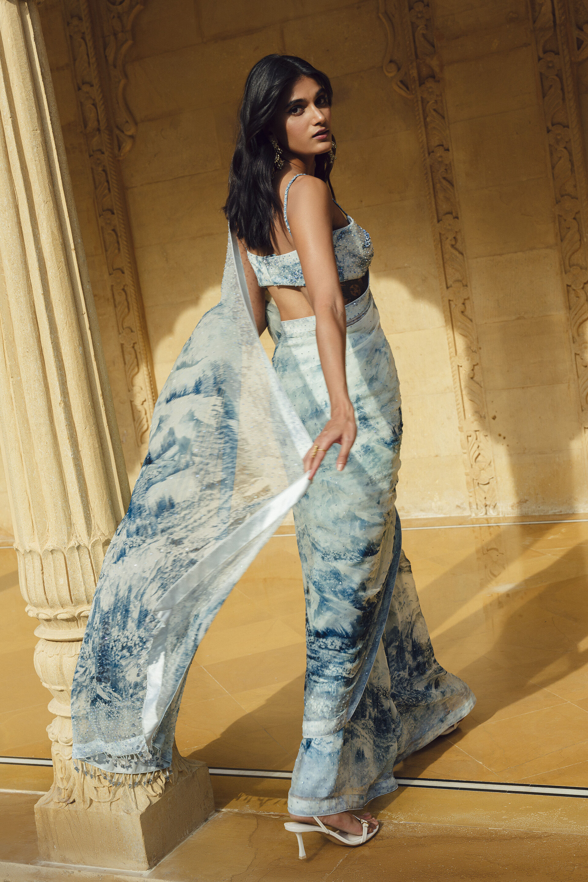 Morava Sequin Chiffon Saree - Powder Blue, Powder Blue, image 3